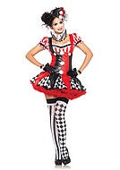 Female harlequin, costume dress, suspenders, pom pom buttons, stripes
